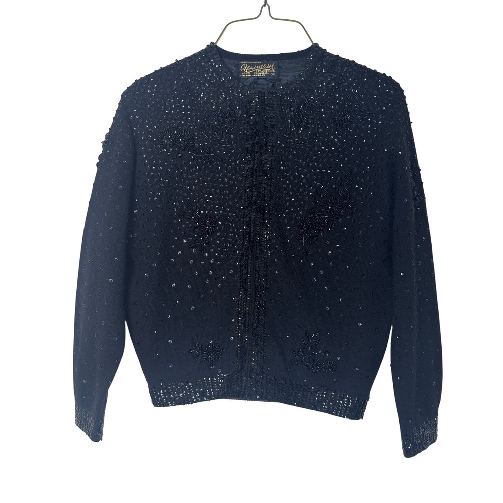 Universal Vintage Black Beaded Sequin Wool Angora Cardigan Sweater SMALL‎